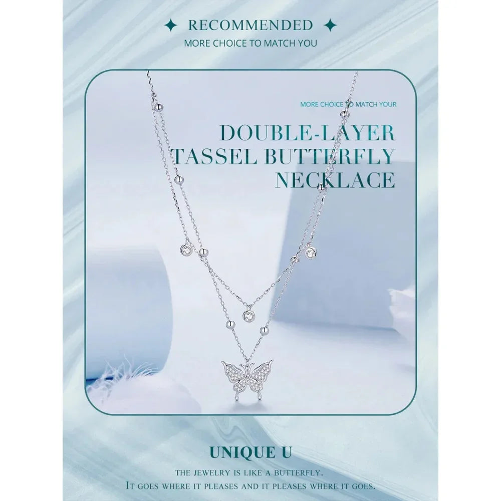 925 Sterling Silver Double-layer Tassel Butterfly Pendant Necklace for Women - Elegant Fine jewelry - Velora Luxury Fashion