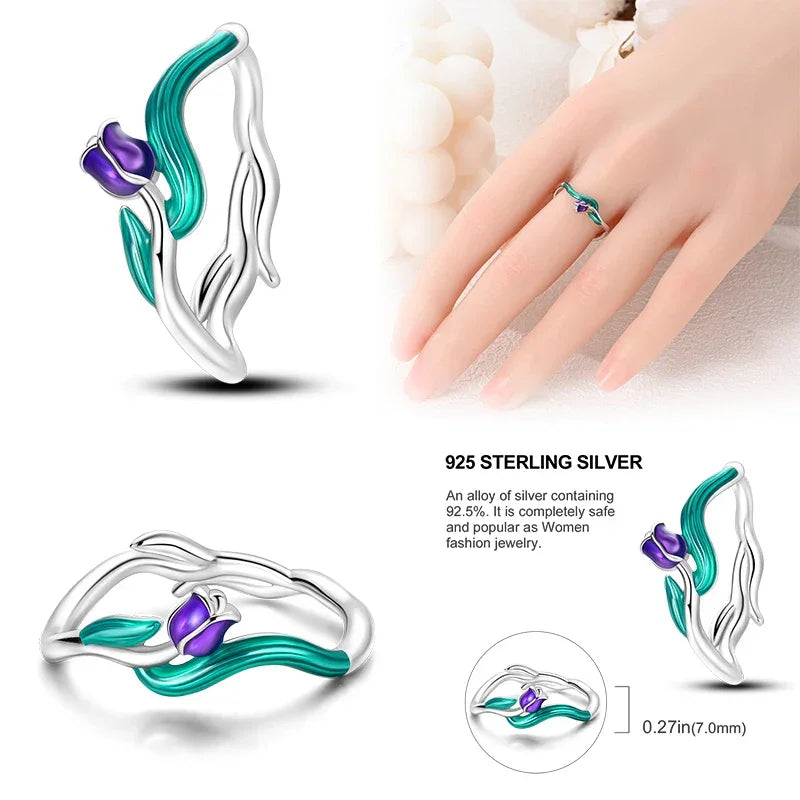 925 Sterling Silver Enamel Tulip Ring - Velora Luxury Fashion