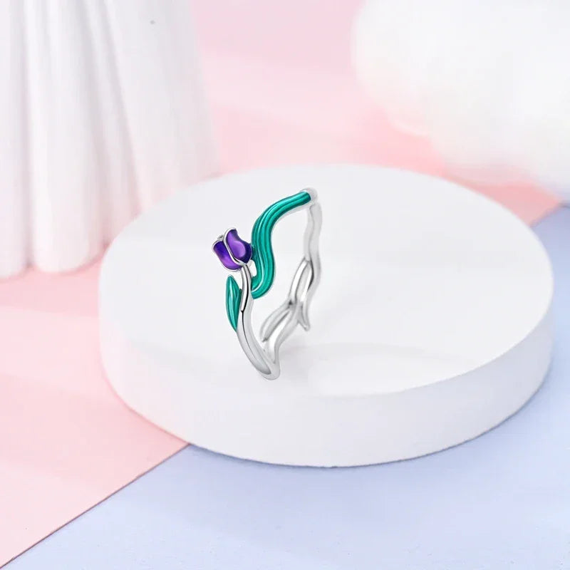 925 Sterling Silver Enamel Tulip Ring - Velora Luxury Fashion