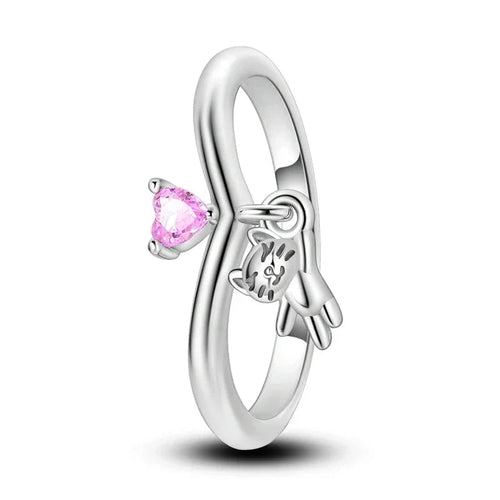 925 Sterling Silver Pink Cat Heart Charm Ring - Velora Luxury Fashion