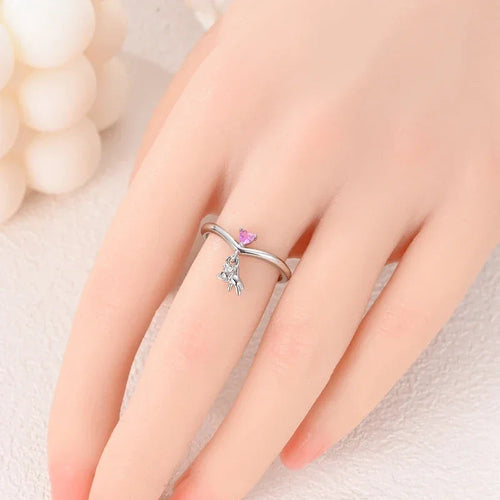 925 Sterling Silver Pink Cat Heart Charm Ring - Velora Luxury Fashion