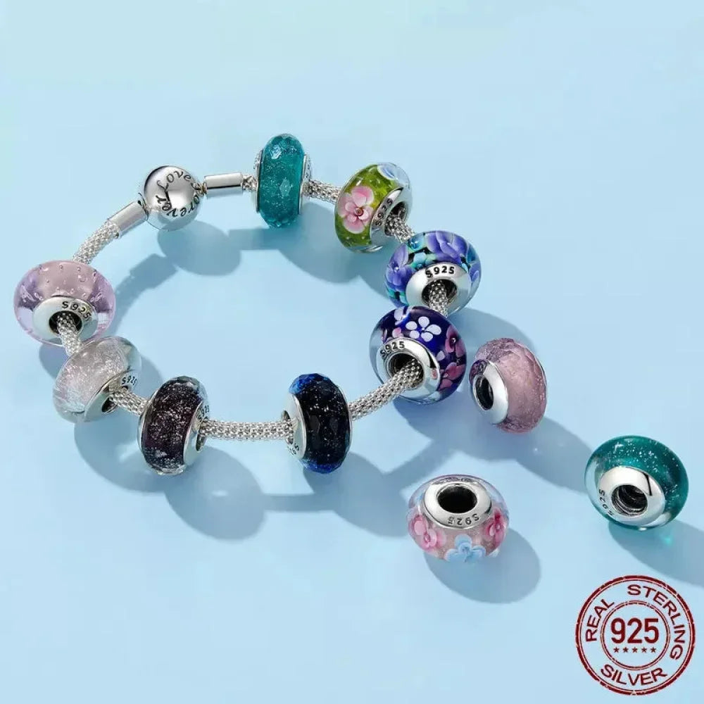 925 Sterling Silver Pink Flower Murano Glass Beads - Diy Bracelet Charms For A Festive Touch (Scz001) - Velora Luxury Fashion