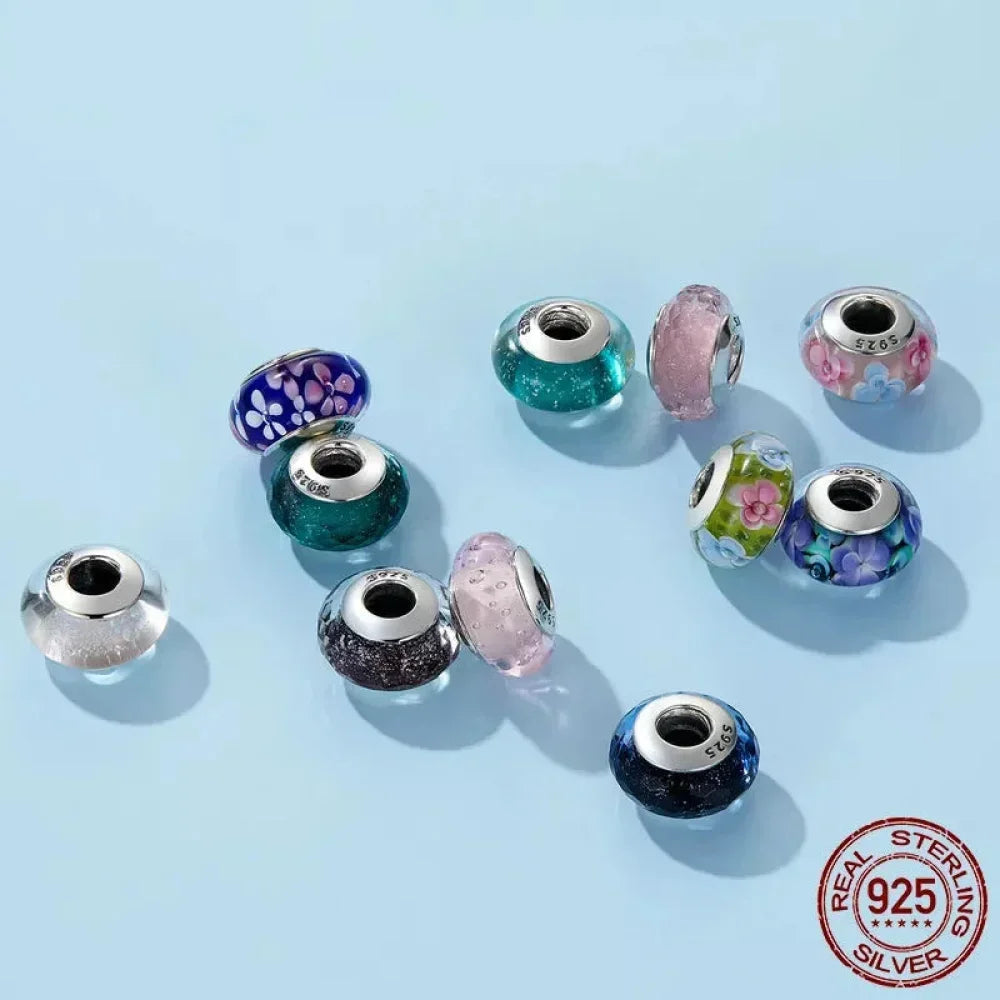 925 Sterling Silver Pink Flower Murano Glass Beads - Diy Bracelet Charms For A Festive Touch (Scz001) - Velora Luxury Fashion