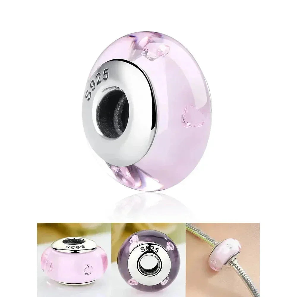 925 Sterling Silver Pink Flower Murano Glass Beads - Diy Bracelet Charms For A Festive Touch (Scz001) - Velora Luxury Fashion