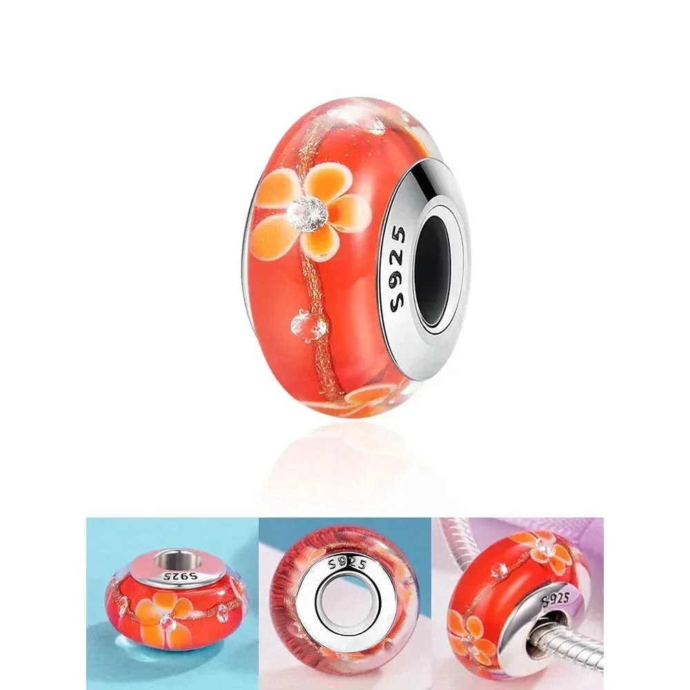 925 Sterling Silver Pink Flower Murano Glass Beads - Diy Bracelet Charms For A Festive Touch (Scz001) - Velora Luxury Fashion