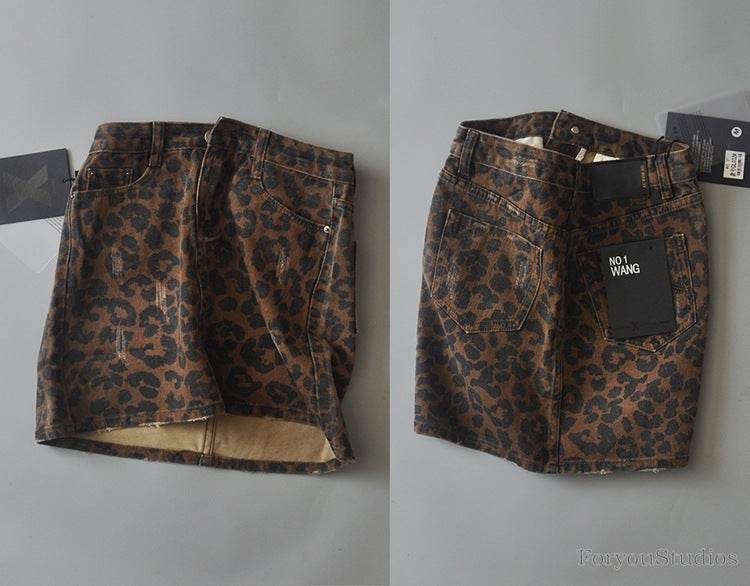 Leopard Print Mini Denim Skirt Women's High Waist Pencil Skirt - Velora