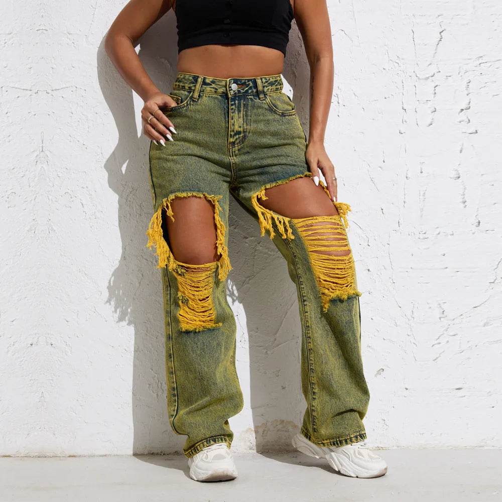 Shascullfites Melody Yellow Wash Streetwear Split Loose Straight Ripped Baggy Jeans Y2K Retro Women Denim Pants - Velora