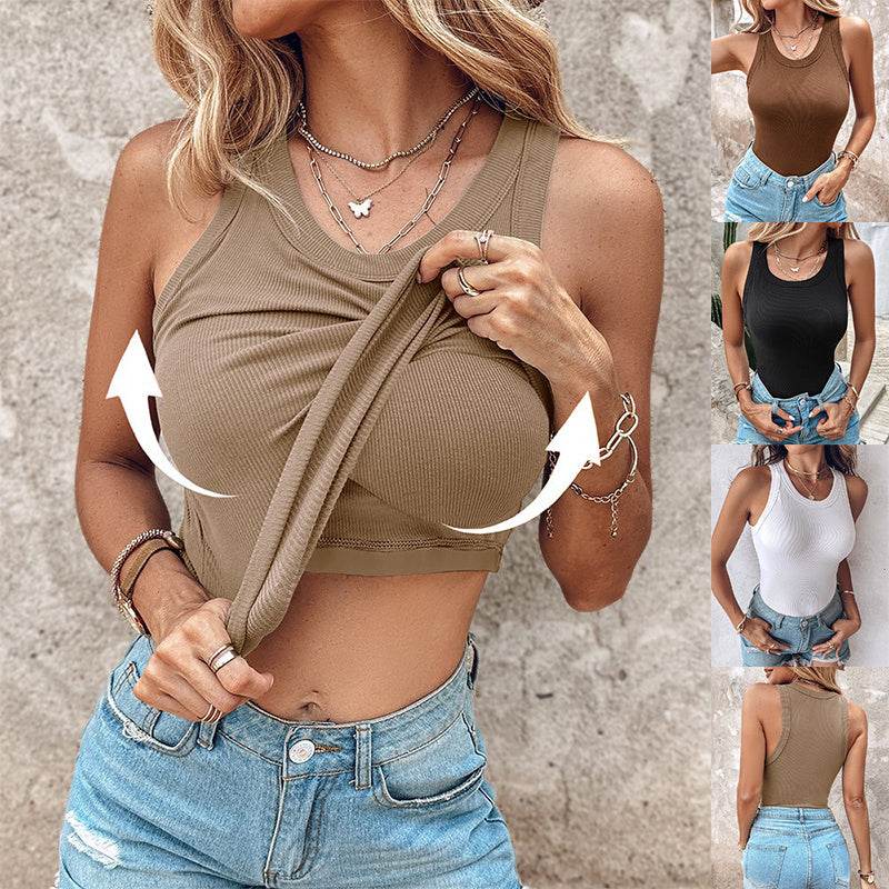 Round Neck Vest With Bra Summer Solid Color Bottom Sleeveless Top Womens Clothing - Velora