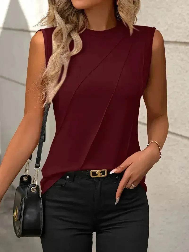 Summer Women's Solid Color Round Neck Sleeveless Loose Tops for Women suitable for Work business Events Ladies Evening Tops. - Velora