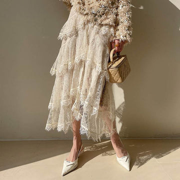 Women's Layered Tulle Midi Skirt, Irregular Lace Cake Skirt, Champagne, Spring Summer