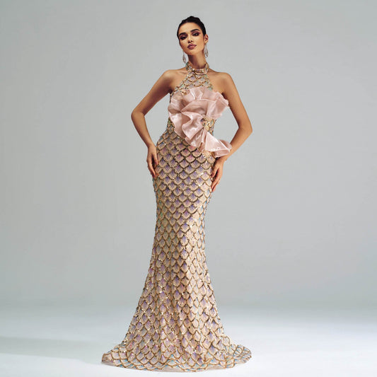 Halter Sequined Mermaid Evening Dress - Velora