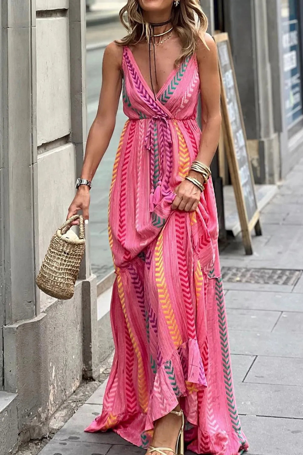 Printed Surplice Maxi Cami Dress - Velora