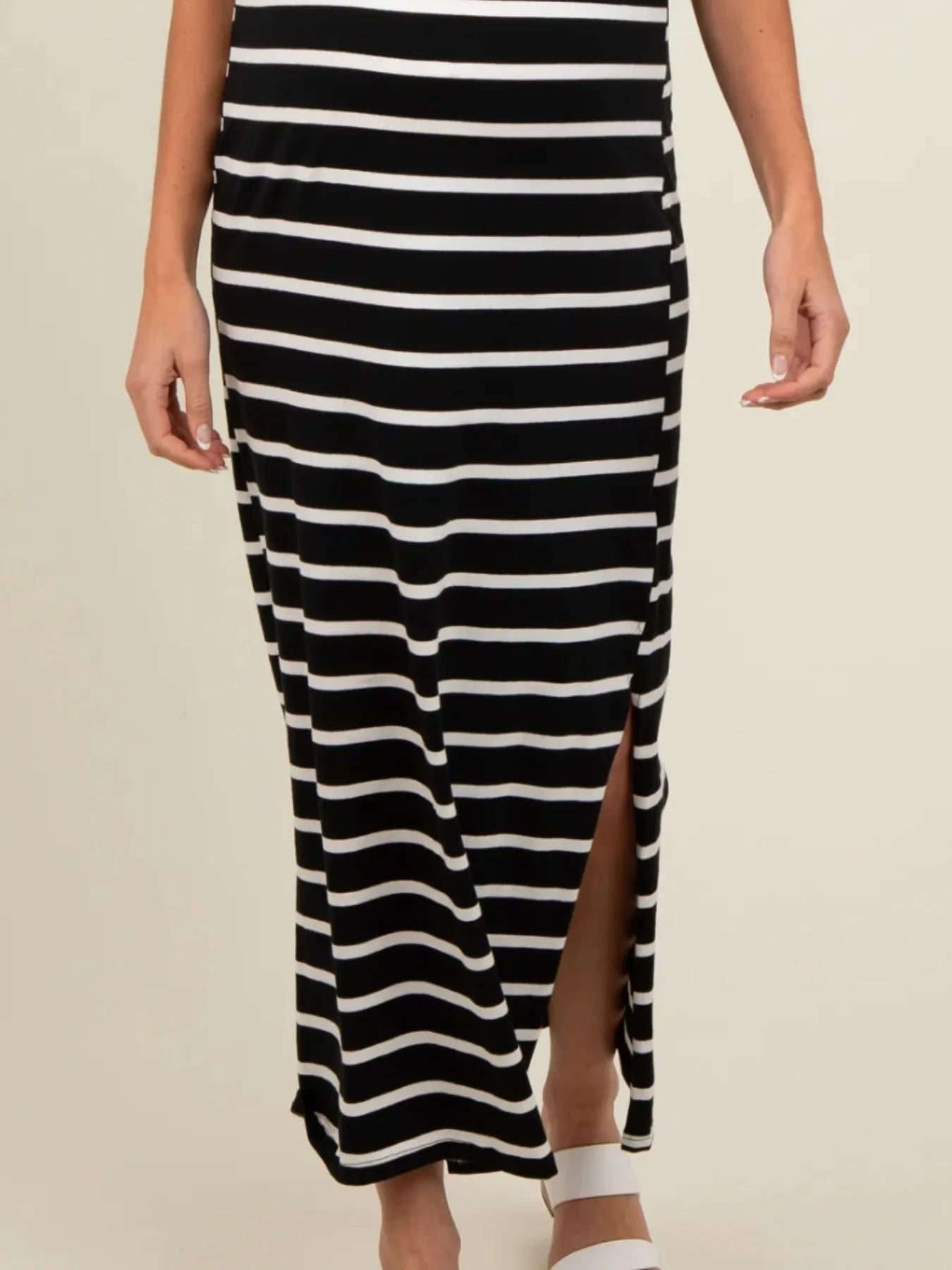 Full Size Striped T-Shirt Maxi Dress with Side Slit Plus Size - Velora