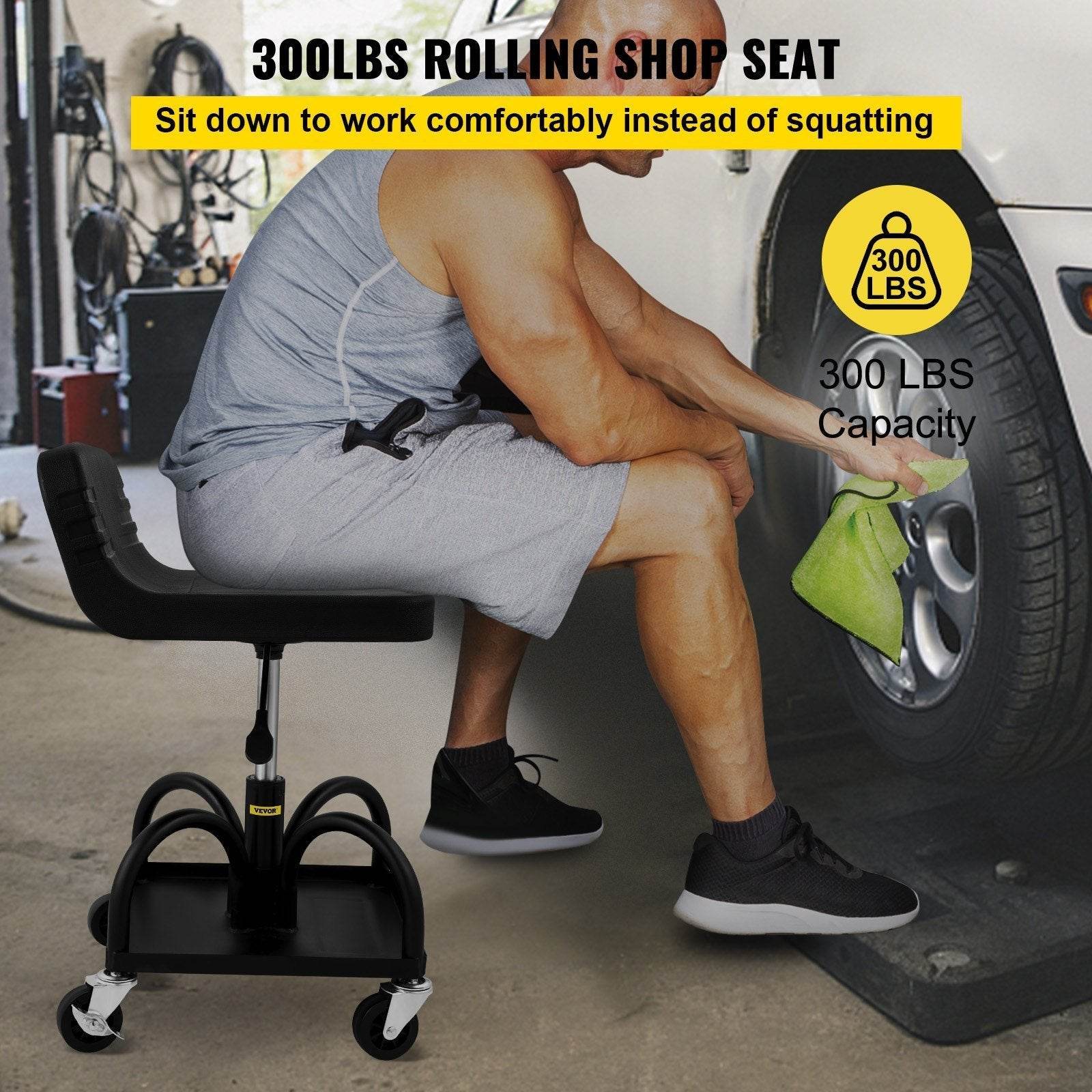 Rolling Garage Stool, 300LBS Capacity, Adjustable Height From 15.7 In To 20.5 In, Mechanic Seat With 360-degree Swivel Wheels And Tool Tray, For Workshop, Auto Repair Shop, Black - Velora