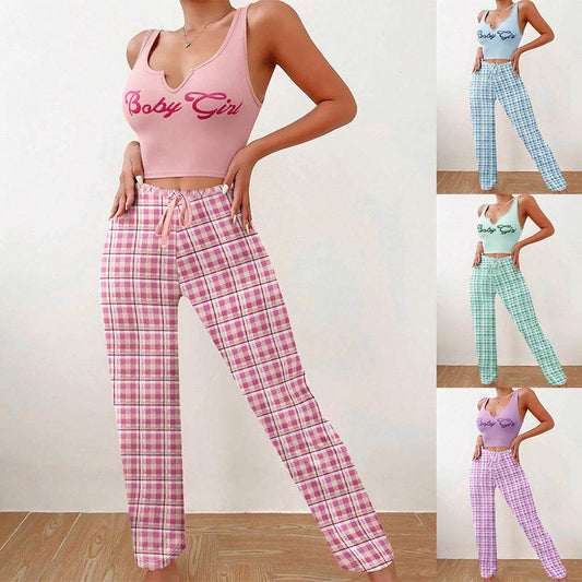 Spring Summer Women's Casual Pajamas Home Wear Vest Color Matching Plaid Trousers Letter Print Top Ladies 2 Pcs Home Clothes Sleepwear - Velora