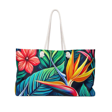 Tropical Hibiscus Floral Weekender Bag | Bird of Paradise Leaves, Large Tote Bag
