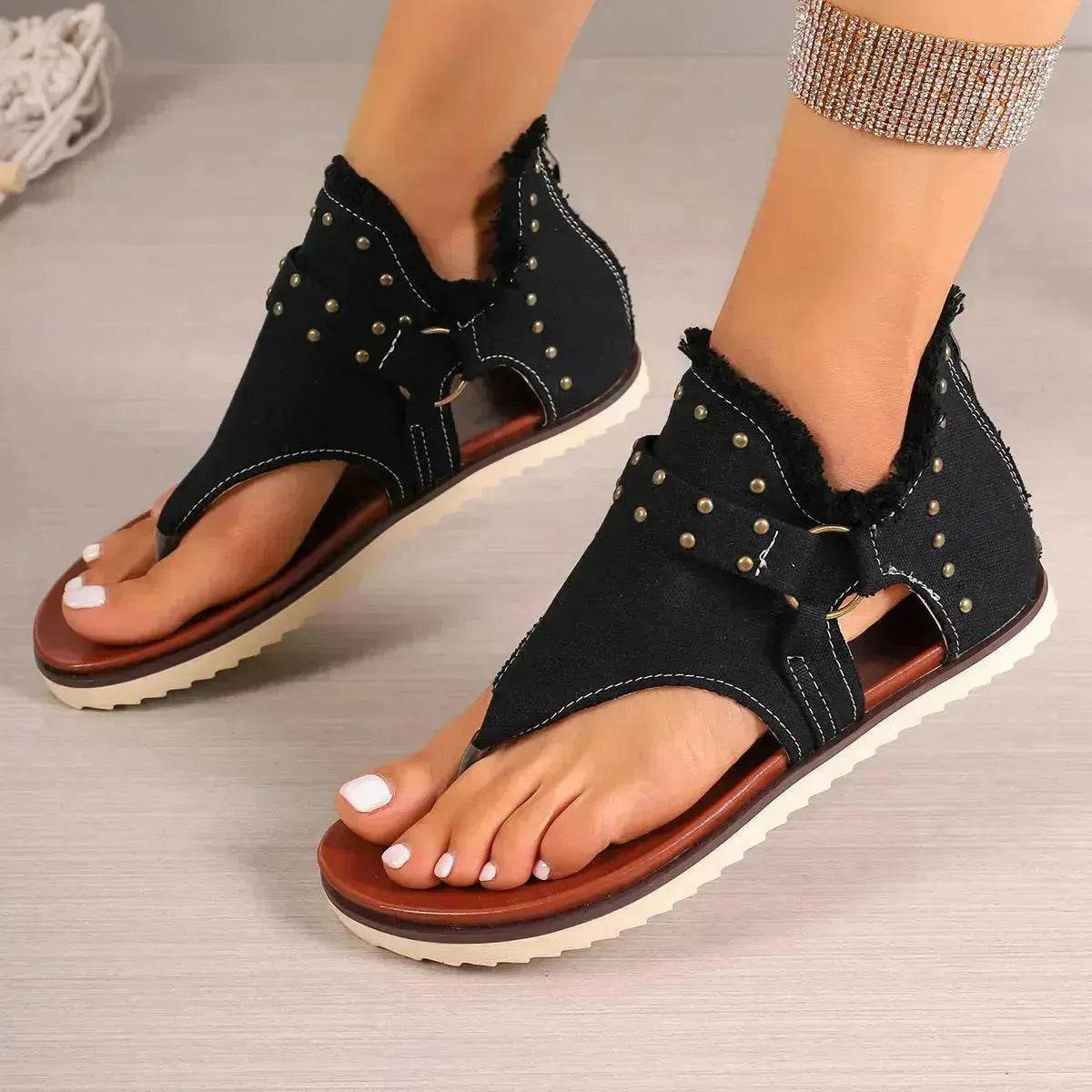 Denim Thong Sandals With Rear Zipper Summer Retro Beach Flat Sandals - Velora