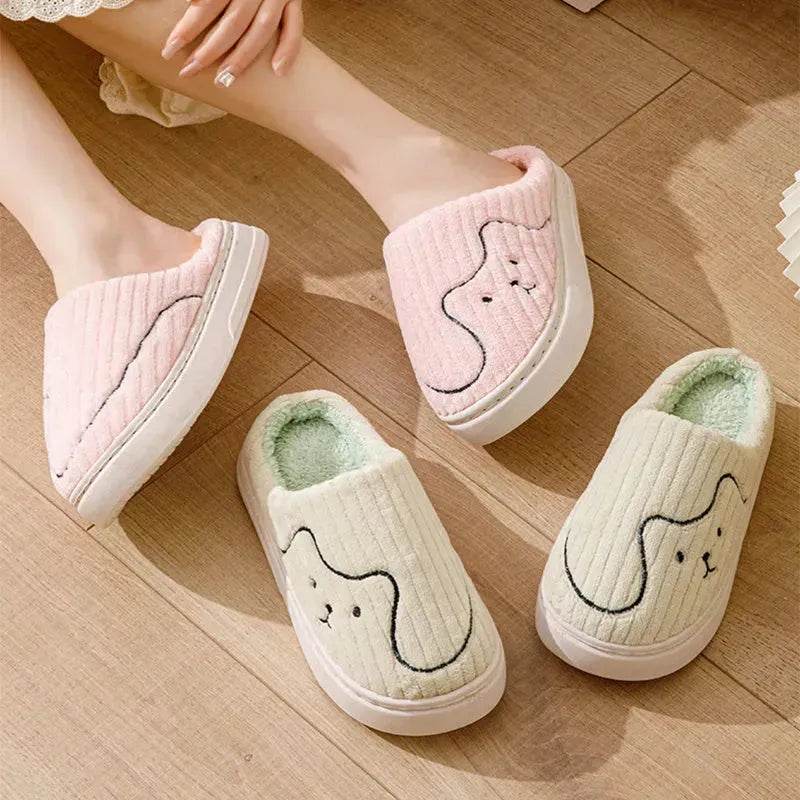 Striped Cat Slippers Indoor Couple Non-slip Floor Bedroom Slipper Winter Warm Plush House Shoes Women Men - Velora