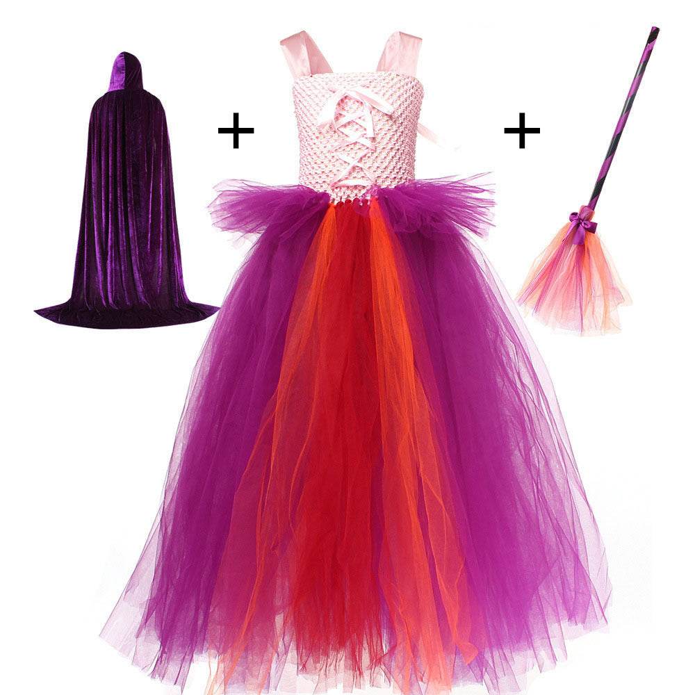 Halloween Costume Witch Children Dress Cloak Broom Set - Velora