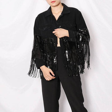 Lapel Pocket Heavy Industry Sequins Tassel  Loose Ripped Denim Jacket Women
