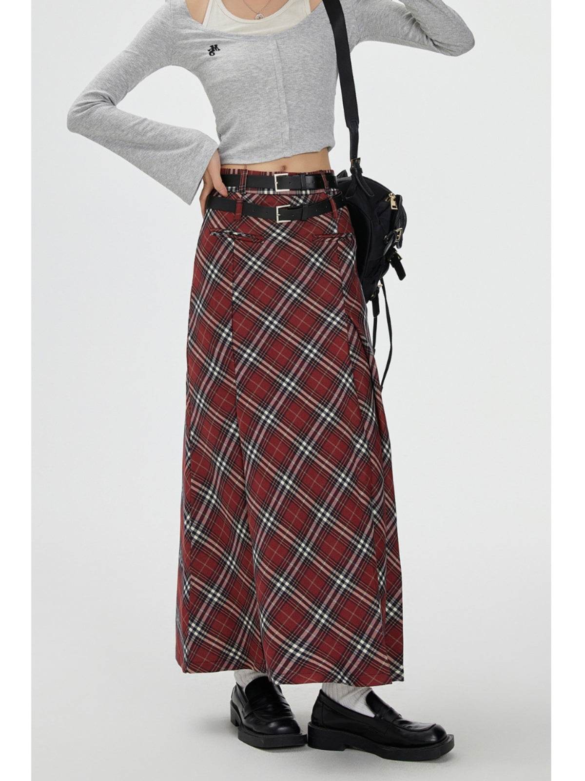 Retro Plaid High Waist student maxi Skirt - Velora