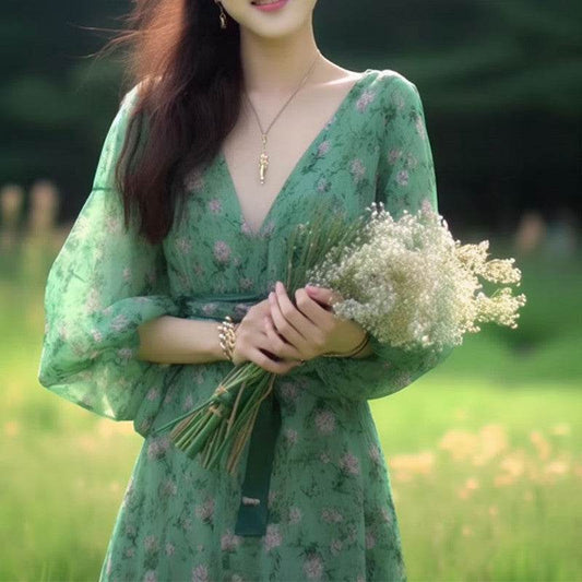 Holiday Green Floral Ladies Dress Sophisticated - Velora
