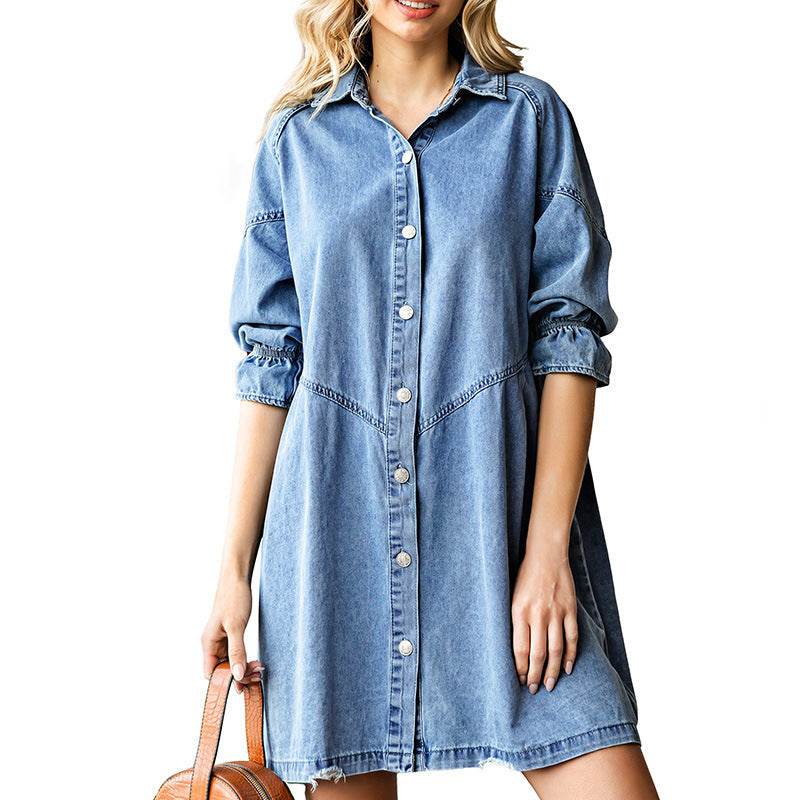 Three-quarter Sleeve Denim Dress Women's Casual Ruffles - Velora