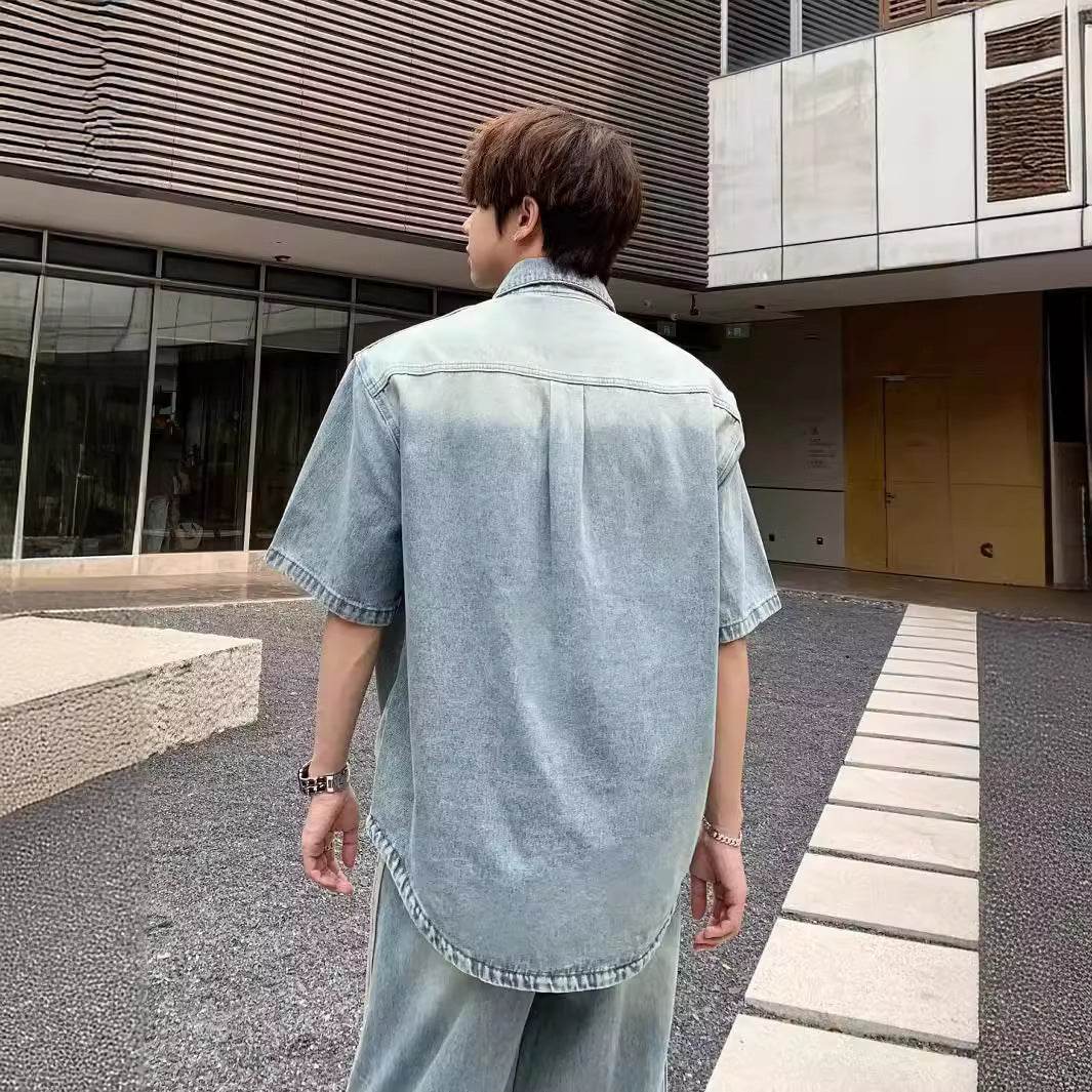 Retro Side Three Bar Stripes Short Sleeve Denim Shirt Outfit Men Jeans - Velora