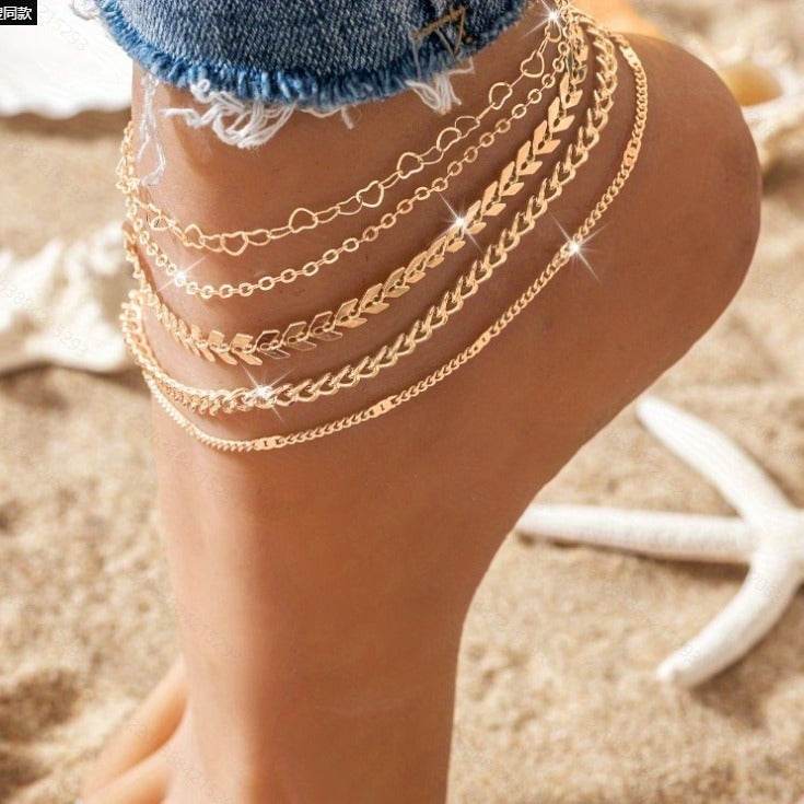 5Pcs Bohemian Airplane Chain Ankle Chain Fashion Design Heart-shaped Chain Anklets Women's Summer Beach On Foot Chain Jewelry - Velora