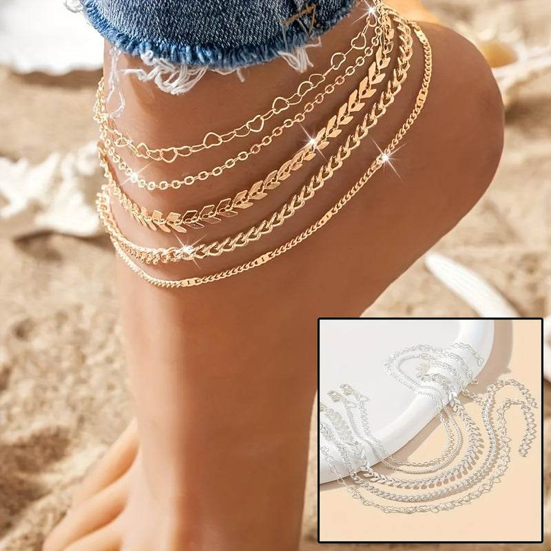 5Pcs Bohemian Airplane Chain Ankle Chain Fashion Design Heart-shaped Chain Anklets Women's Summer Beach On Foot Chain Jewelry - Velora