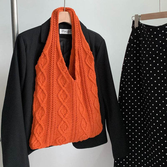 GWomen Shoulder Bags Portable Retro Hollow Knitted Woolen Yarn Bag Shoulder Tote Bag Solid Color Crochet Bag Large Capacity Shopping Tote Bags - Velora