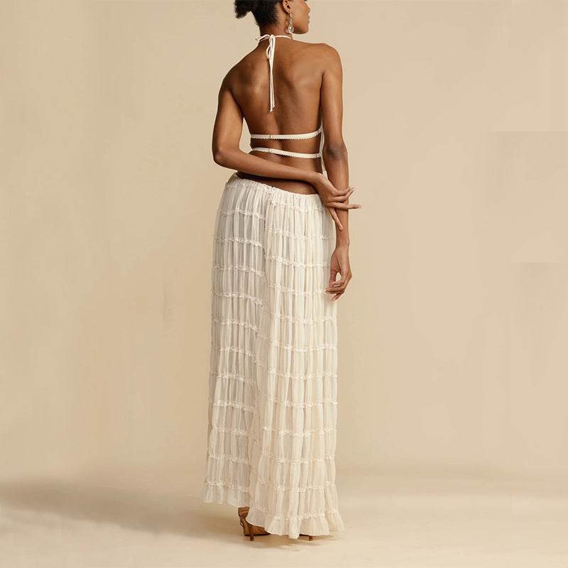 2pcs Women's Dress Suit Sexy Sleeveless Backless Cropped Halter Top And Pleated Long Dress - Velora