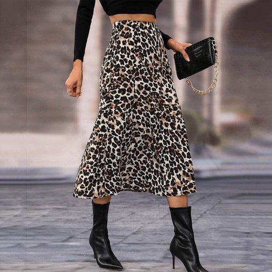Women's A- Line Umbrella Skirt High Waist Leopard Print Midi sheath Skirt - Velora