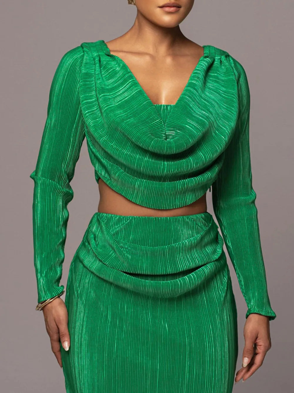 Ruched Cowl Neck Top and Maxi Skirt Set - Velora