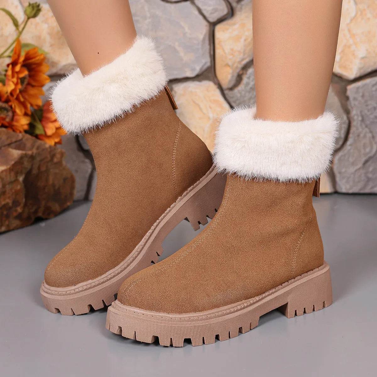 Square-heeled Snow Boots Winter Plus Velvet Platform Plush Shoes Fashion Warm Non-slip Mid-calf Boot For Women - Velora