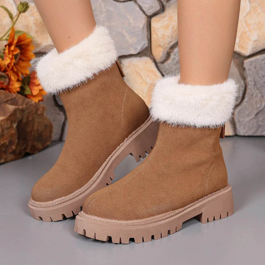 Square-heeled Snow Boots Winter Plus Velvet Platform Plush Shoes Fashion Warm Non-slip Mid-calf Boot For Women - Velora