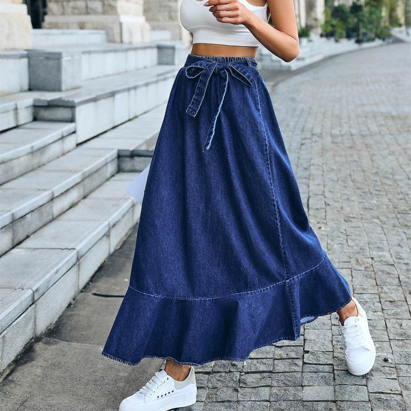 Ladies Fashion Casual Ruffled Blue Denim Maxi Skirt Women - Velora
