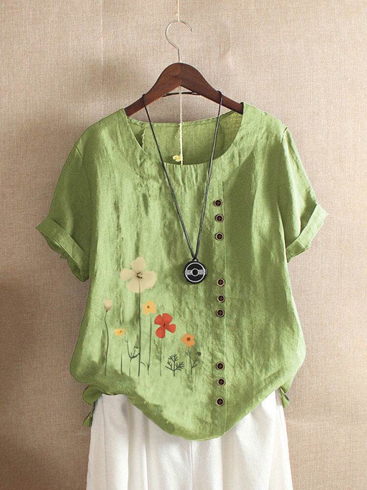 Casual Summer Beach Cotton And Linen Printed Elegant Short Sleeve blouse Top Women - Velora