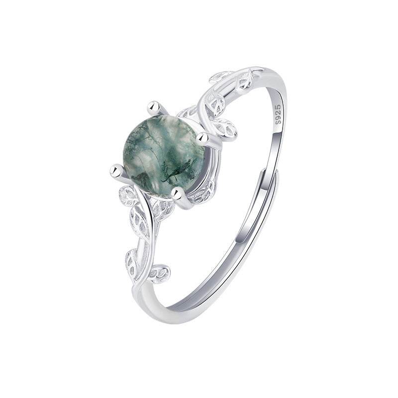 S925 Silver Green Moss Ring Water Plants Agate Stone Finger Ring - Velora