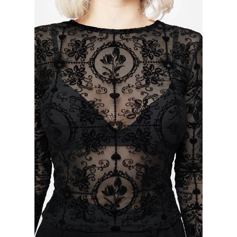 Elegant Slim-fit Tulip Flocking transparent lace top bodycon top women - Velora