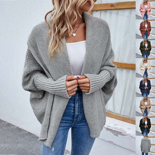 New Loose Knitted Sweater Solid Color Bat Sleeve Large Lapel Cardigan Autumn And Winter Fashion Jacket For Women Clothing - Velora