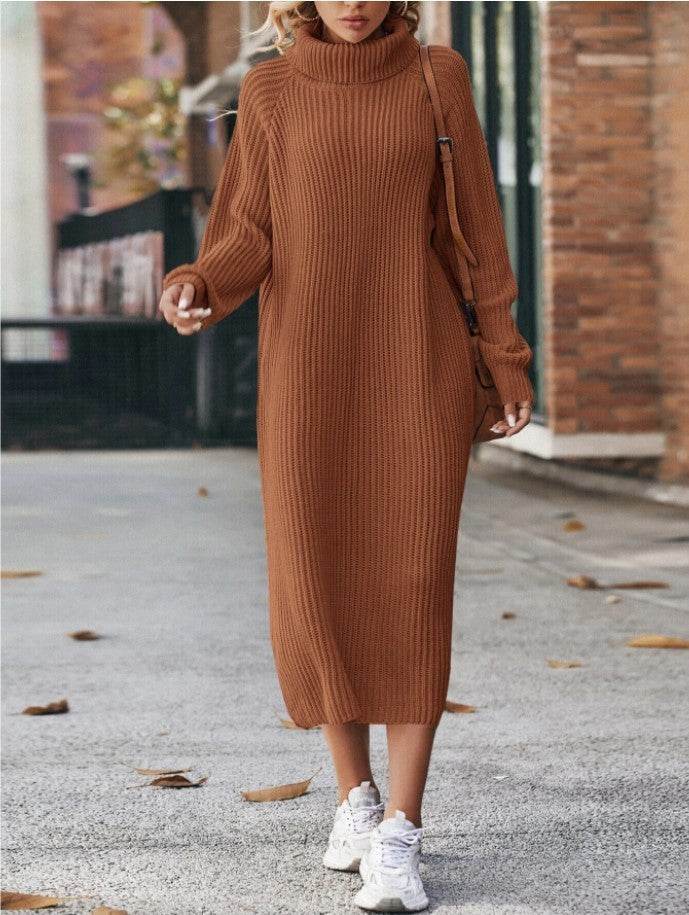 Winter Turtleneck Knitted Sweater Dress Fashion Solid Loose Pullover Long Dresses For Women Clothing - Velora