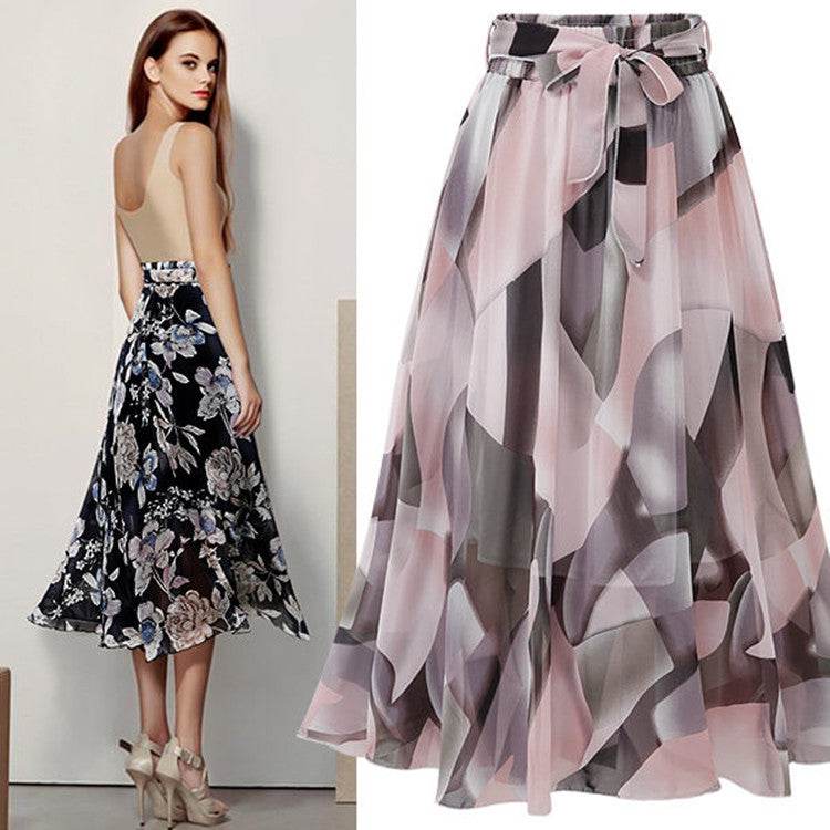 Women Formal Work Office High Waist Floral Midi Big Swing Chiffon Skirt - Velora
