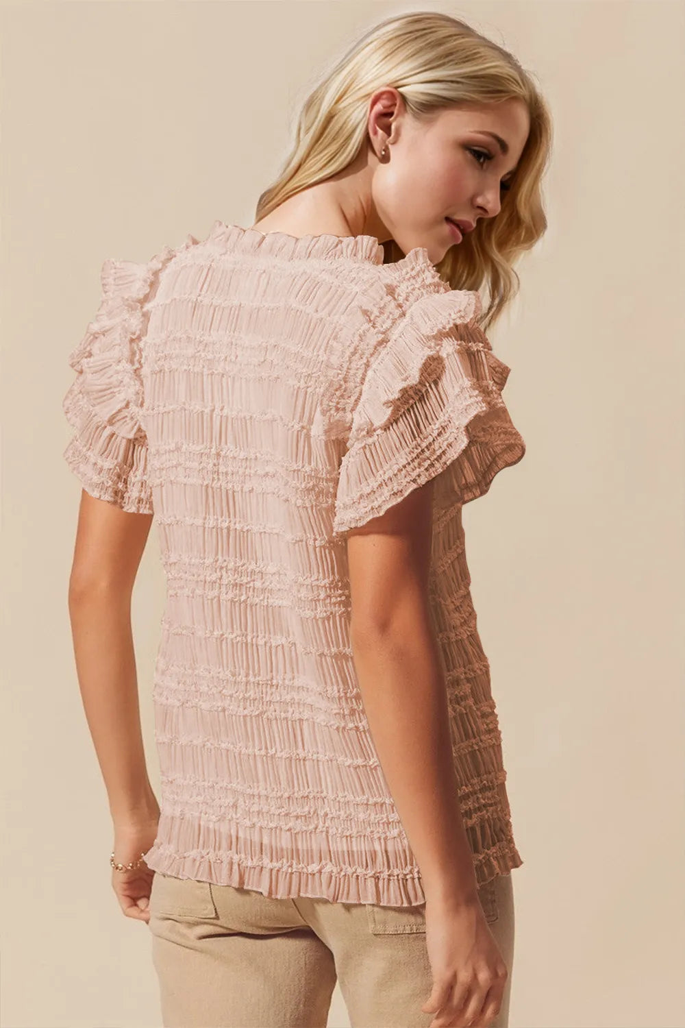 Oh Full Size Frill Notched Flounce Sleeve Blouse - Velora