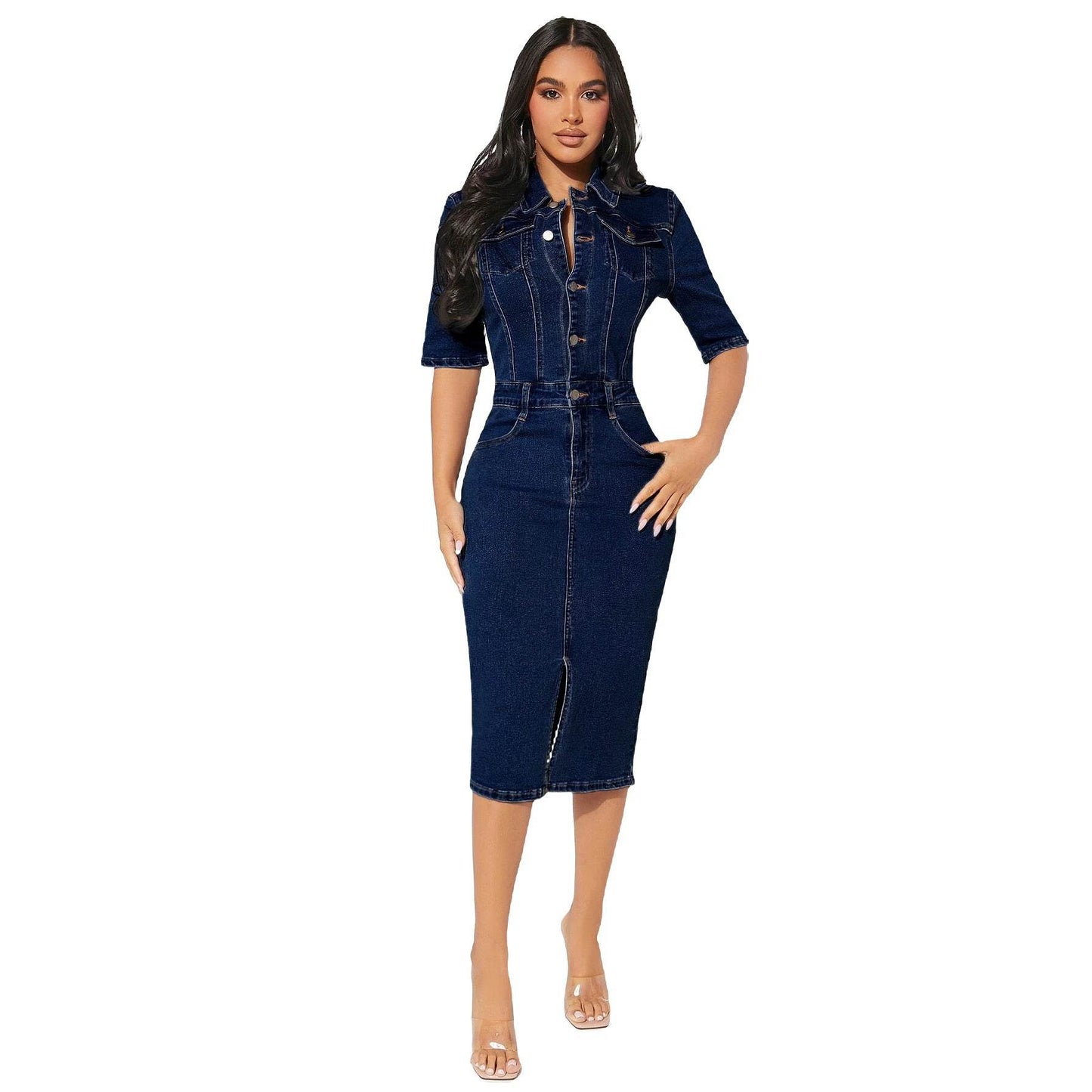 Women's Fashion Personality fitted Denim Hip-wrapped Jeans Midi straight cut front split Dress - Velora