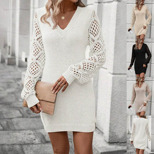 New V-neck Knitted Dress Fashion Solid Color Hollow Long-sleeved Sweater Dresses Women's Clothing - Velora