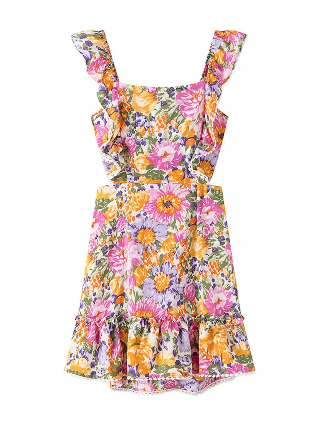 Floral Print Ruffled Hem Dress - Velora