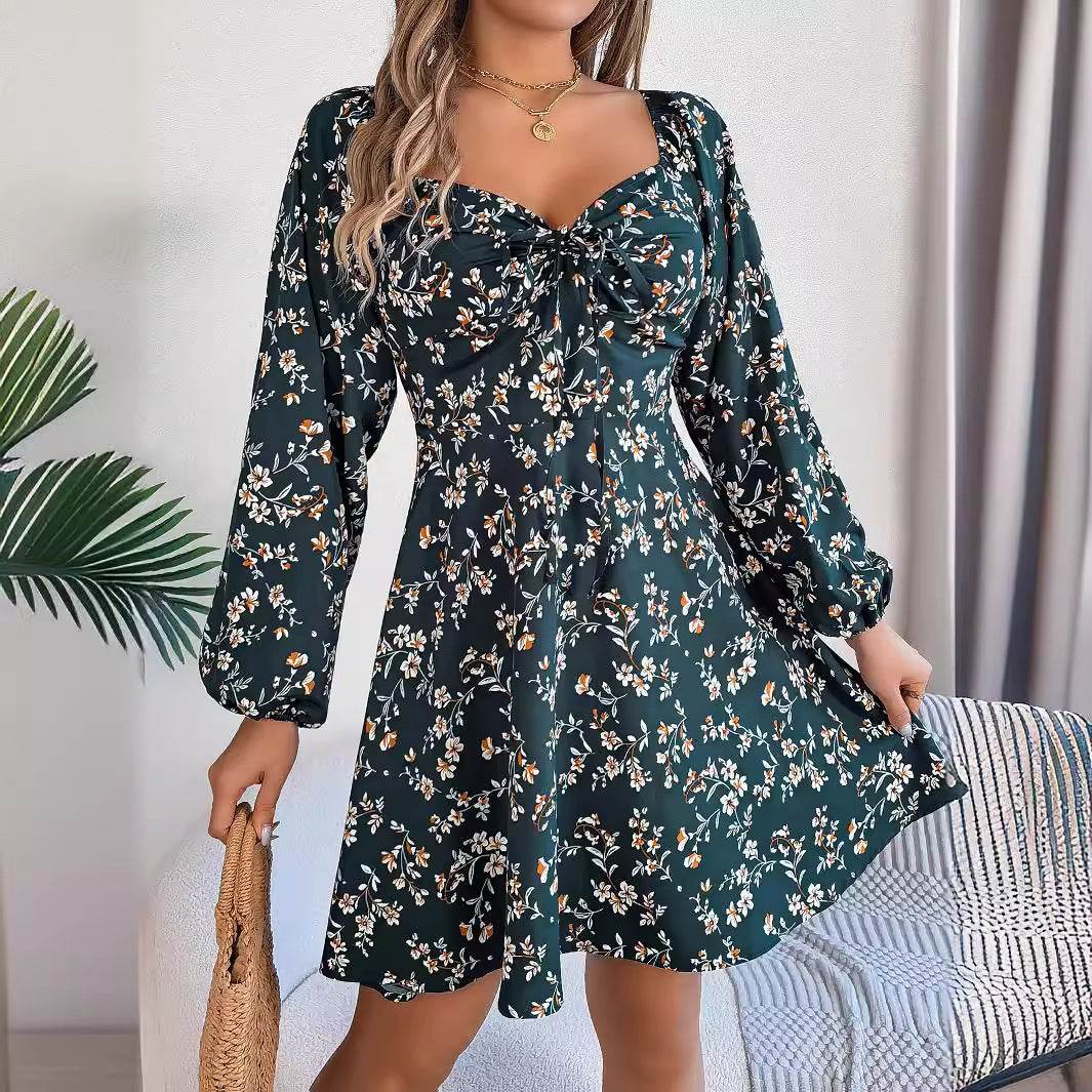 Fashion Floral Print Lantern Sleeve Dress Casual Sexy Tie Square Neck Long Sleeve A-Line Dress Women's Clothing - Velora