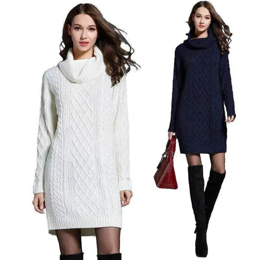 New Autumn Winter Solid Knitted Oversized Mini Turtleneck Sweater Dress - Velora