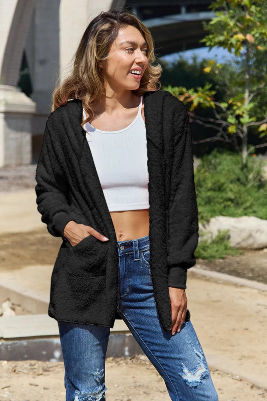 Full Size Teddy Hooded Jacket with Pockets - Velora